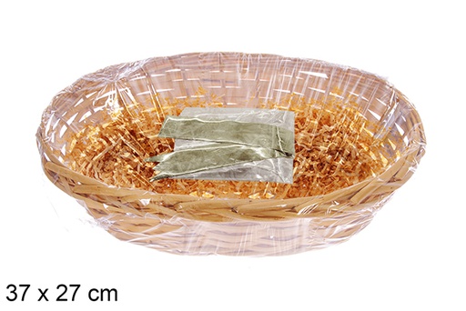 [123671] Oval mahogany basket with straw and cellophane 37x27 cm
