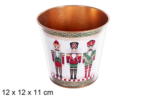 [123698] Cubo portavasi in metallo decorato assortimento natalizio Schiaccianoci 12x12x11 cm