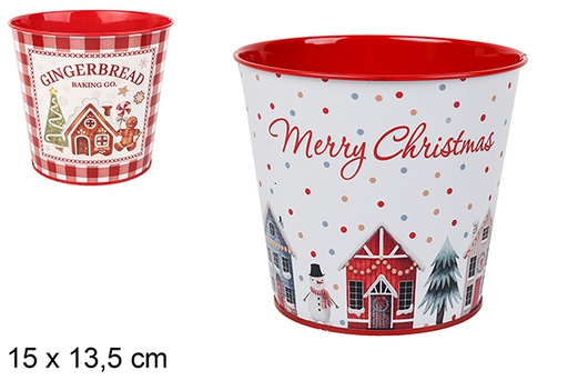 [123700] Decorated metal planter cube Christmas house design, assorted 15x13.5 cm