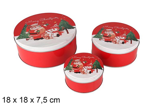 [123704] Set 3 caixas redondas de metal decoradas com Papai Noel para o Natal 18x18x7.5 cm