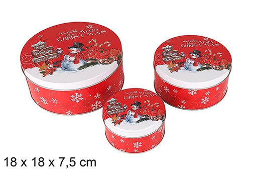 [123705] Set 3 Round Metal Boxes Decorated with Snowman for Christmas 18x18x7.5 cm