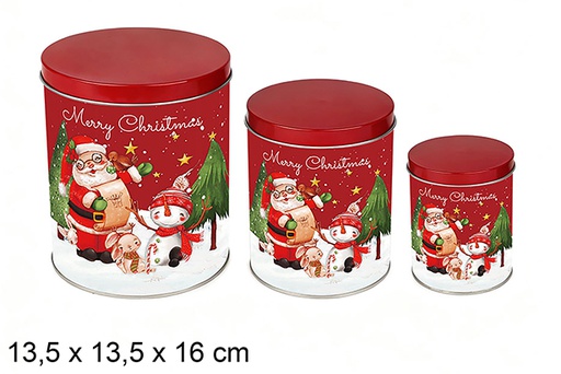 [123706] Set 3 barattoli rotondi in metallo decorati con Babbo Natale per Natale, 13.5x13.5x16 cm 