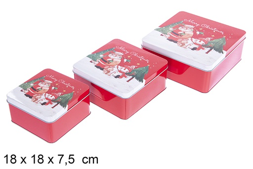[123708] Set 3 Square Metal Boxes Decorated with Santa Claus for Christmas 18x18x7.5 cm