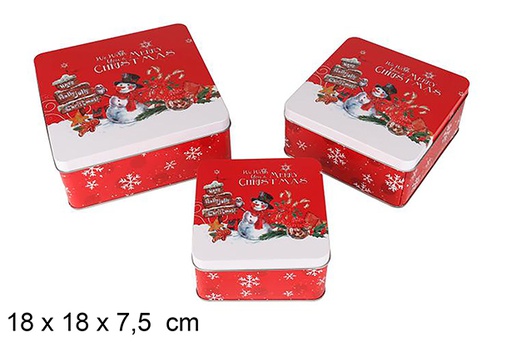 [123709] Set 3 Square Metal Boxes Decorated with Snowman for Christmas 18x18x7.5 cm