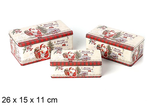 [123710] Set 3 boîtes rectangulaires en métal décorées avec le Père Noël pour Noël, 26 x 15 x 11 cm