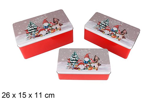 [123711] Set 3 rectangular metal boxes decorated with Christmas gnomes, 26x15x11 cm