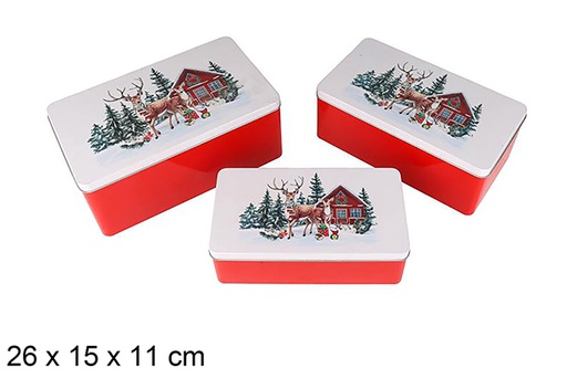 [123712] Juego 3 Cajas metal rectangular decorada Reno Navidad 26x15x11 cm