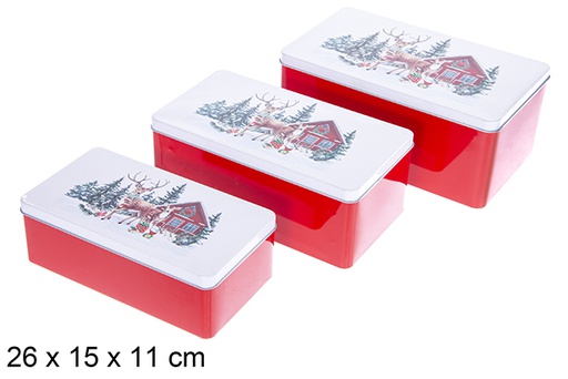 [123712] Set 3 caixas retangulares de metal decoradas com uma rena de Natal, 26x15x11 cm