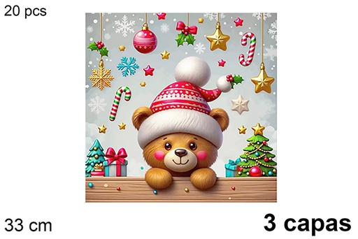 [123715] Pack 20 tovaglioli a 3 veli decorati con un orso di Natale 33 cm