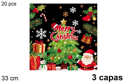 [123717] Pack of 20 three-ply napkins decorated with a Christmas tree on a black background 33 cm