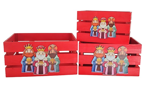 [123727] Pack 3 scatole in legno rosso decorate con tema Re Magi  32x24,5x16 cm