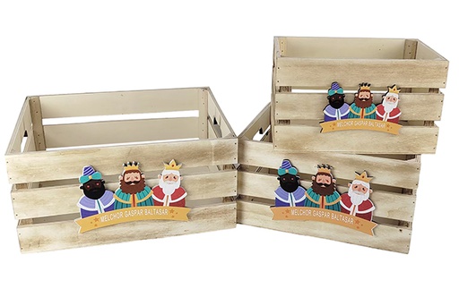 [123731] Pack 3 caixas de madeira natural decoradas com a representação dos Três Reis Magos 32x24,5x16 cm