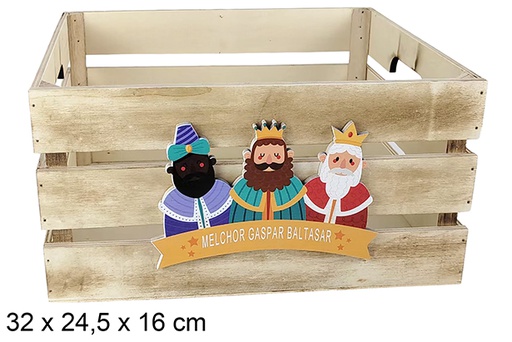 [123732] Caixa de madeira natural decorada com a representação dos Três Reis Magos 32x24,5x16 cm