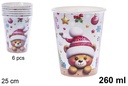 Pack 6 vasos papel decorado oso Navidad 260 ml