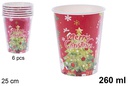 Pack 6 vasos papel decorado arbol de Navidad fondo rojo Navidad 260 ml