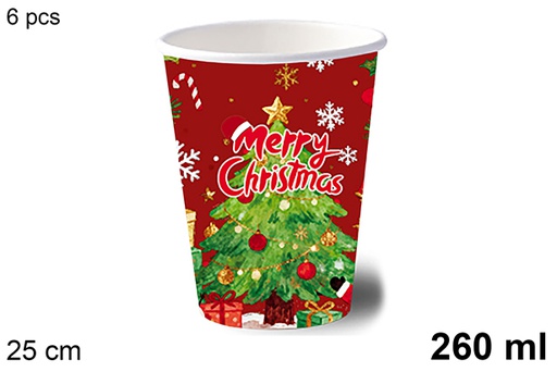 [123758] Pack 6 bicchieri di carta decorati con un albero di Natale su sfondo rosso, 260 ml