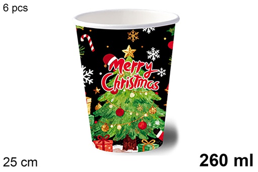 [123759] Pack 6 paper cups decorated with a Christmas tree on a black background, 260 ml