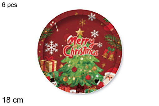 [123764] Pack 6 platos papel decorado arbol de Navidad fondo rojo navida 18 cm