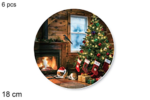 [123766] Pack 6 pratos de papel decorados com lareira, tema natalino, 18 cm