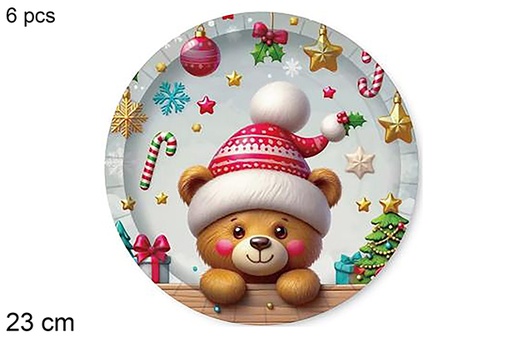 [123769] Pack 6 pratos de papel decorados com um urso de Natal 23 cm