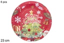 Pack 6 platos papel decorado arbol de Navidad fondo rojo navida 23 cm