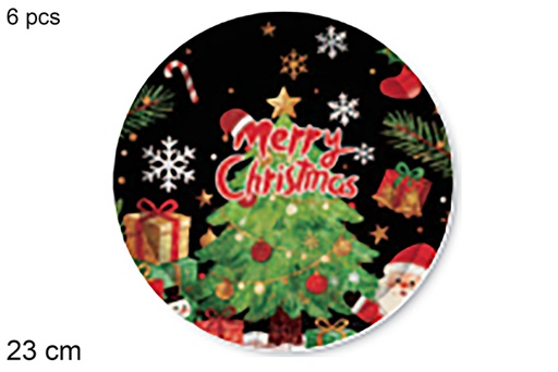 [123771] Pack 6 piatti di carta decorati con un albero di Natale su sfondo nero 23 cm