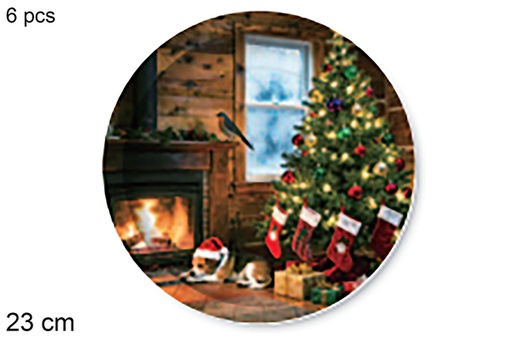 [123772] Pack 6 pratos de papel decorados com lareira, tema natalino 23 cm