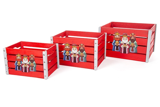 [123774] Pack 3 cajas madera roja decorada reyes magos adoración 46x36x27 cm