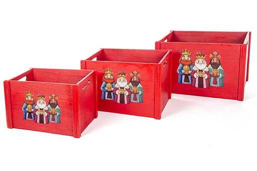 [123775] Pack 3 decorated red wooden boxes with Three Kings adoration 42x33x25 cm