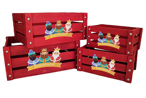 [123776] Pack 4 red wooden boxes decorated with the Three Wise Men adoration 41x31x20 cm