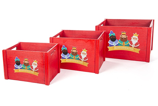[123778] Pack 4 cajas madera roja decorada reyes magos adoración 42x33x25 cm