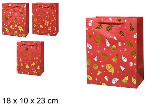 [123905] Sac cadeau de Noël rouge avec décoration dorée 18x10x23 cm (S)