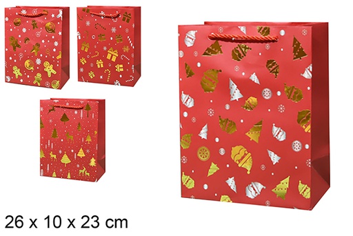 [123906] Red Christmas gift bag with gold decoration 26x10x32 cm (M)