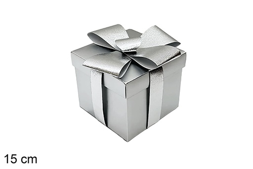 [123925] Silver Christmas gift box with ribbon, 15 cm