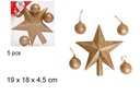 Punta de árbol estrella + 4 bolas oro purpurina