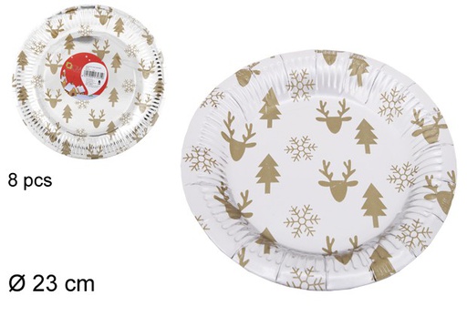 [103802] Pack 8 silver Christmas decorated paper plates 23 cm