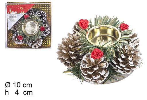 [103963] Gold Christmas candle holder with pinecones 10 cm 