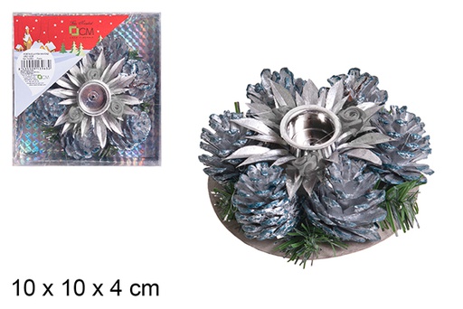 [103964] Portacandele di Natale argento con pigne 10 cm 