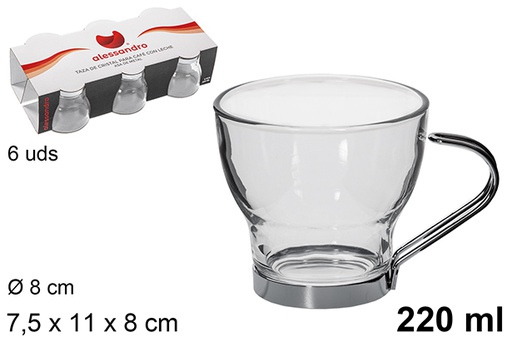 [101685] Pack of 6 glass coffee cups with metal handle 220 ml