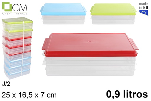 [102627] Pack 2 bandejas de geladeira com tampas de cores variadas 0,9 l.