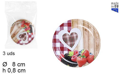 [103327] Set 3 coperchi in metallo decorati con frutta 8 cm